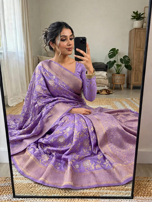 Semi Kanjivaram Jaal Floral Zari Weaving Sarees