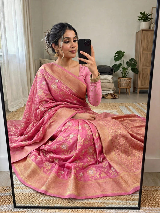Semi Kanjivaram Jaal Floral Zari Weaving Sarees