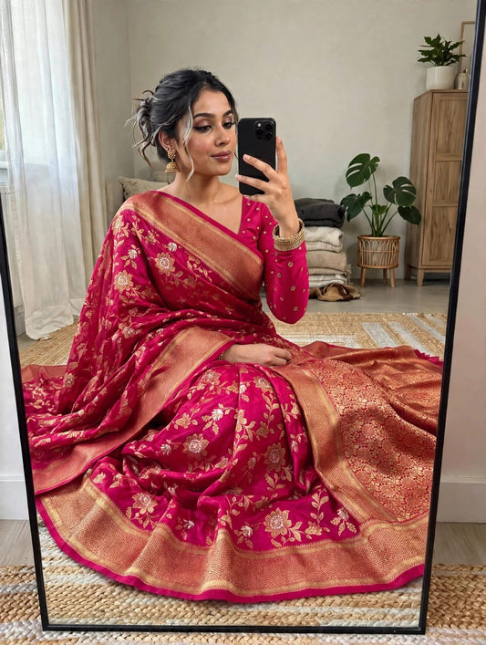 Semi Kanjivaram Jaal Floral Zari Weaving Sarees