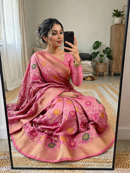 Semi Kanjivaram Jaal Floral Zari Weaving Sarees