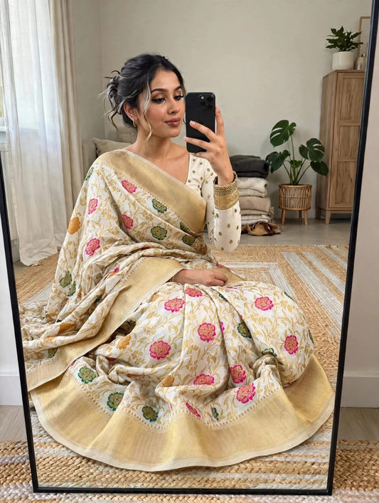 Semi Kanjivaram Jaal Floral Zari Weaving Sarees