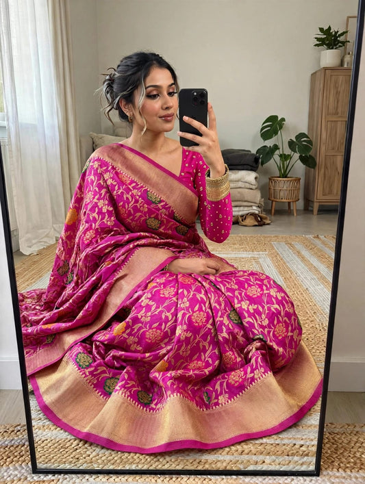 Semi Kanjivaram Jaal Floral Zari Weaving Sarees