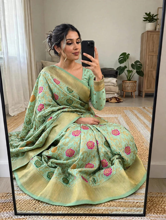 Semi Kanjivaram Jaal Floral Zari Weaving Sarees