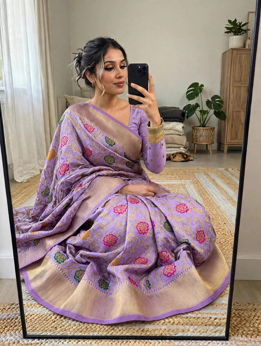 Semi Kanjivaram Jaal Floral Zari Weaving Sarees