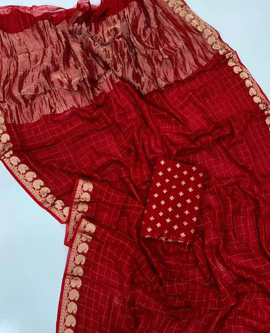 Viscose Georgette Checked Zari Sarees with Viscose Zari Borders