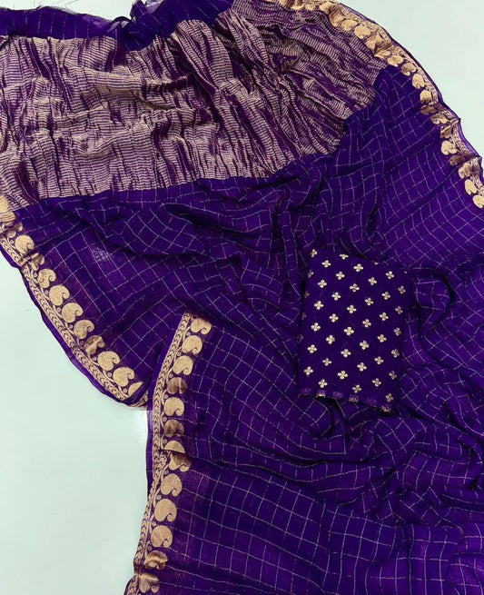 Viscose Georgette Checked Zari Sarees with Viscose Zari Borders