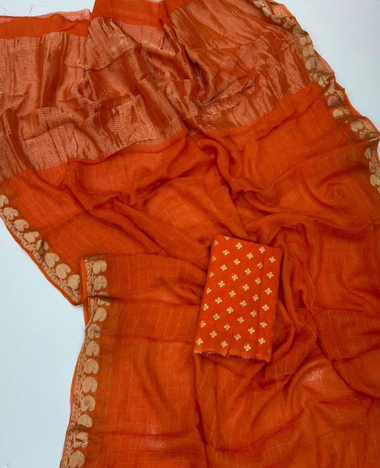 Viscose Georgette Checked Zari Sarees with Viscose Zari Borders