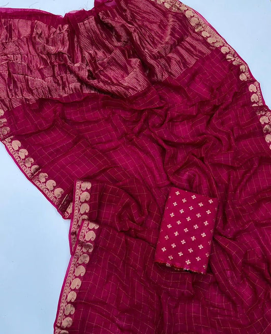 Viscose Georgette Checked Zari Sarees with Viscose Zari Borders
