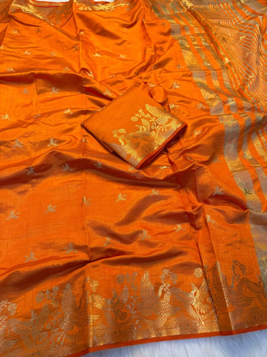 Viscose Tussar Silk Sarees with Viscose Zari Borders & Chit Pallu