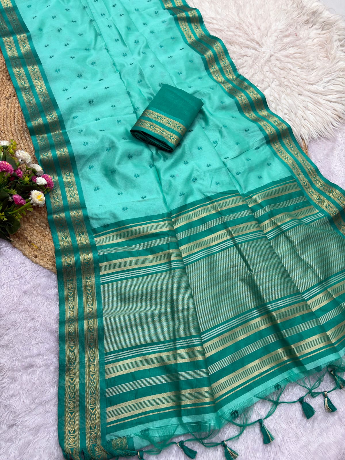 Semi Raw Silk Weaving Sarees with Double Borders