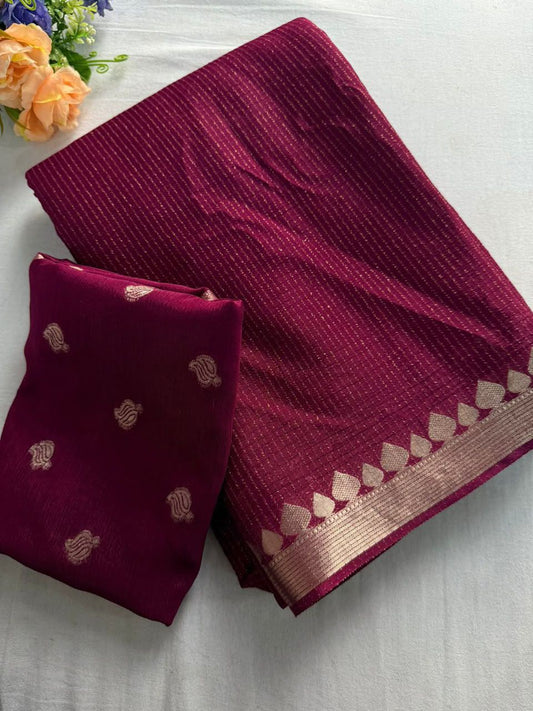 Viscose Chinnon Silk Saree with Viscose Zari Weaving Borders