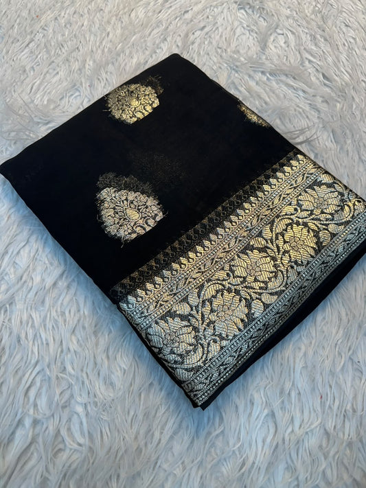 Viscose Chinnon Silk Saree with Viscose Zari Weaving Borders