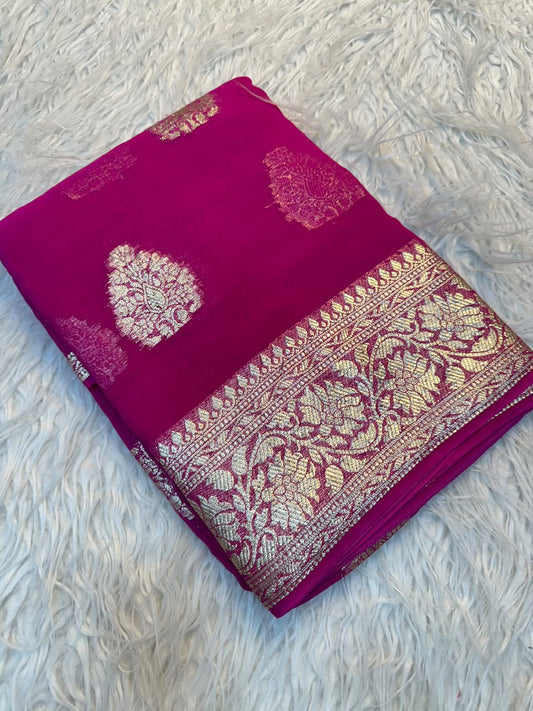 Viscose Chinnon Silk Saree with Viscose Zari Weaving Borders