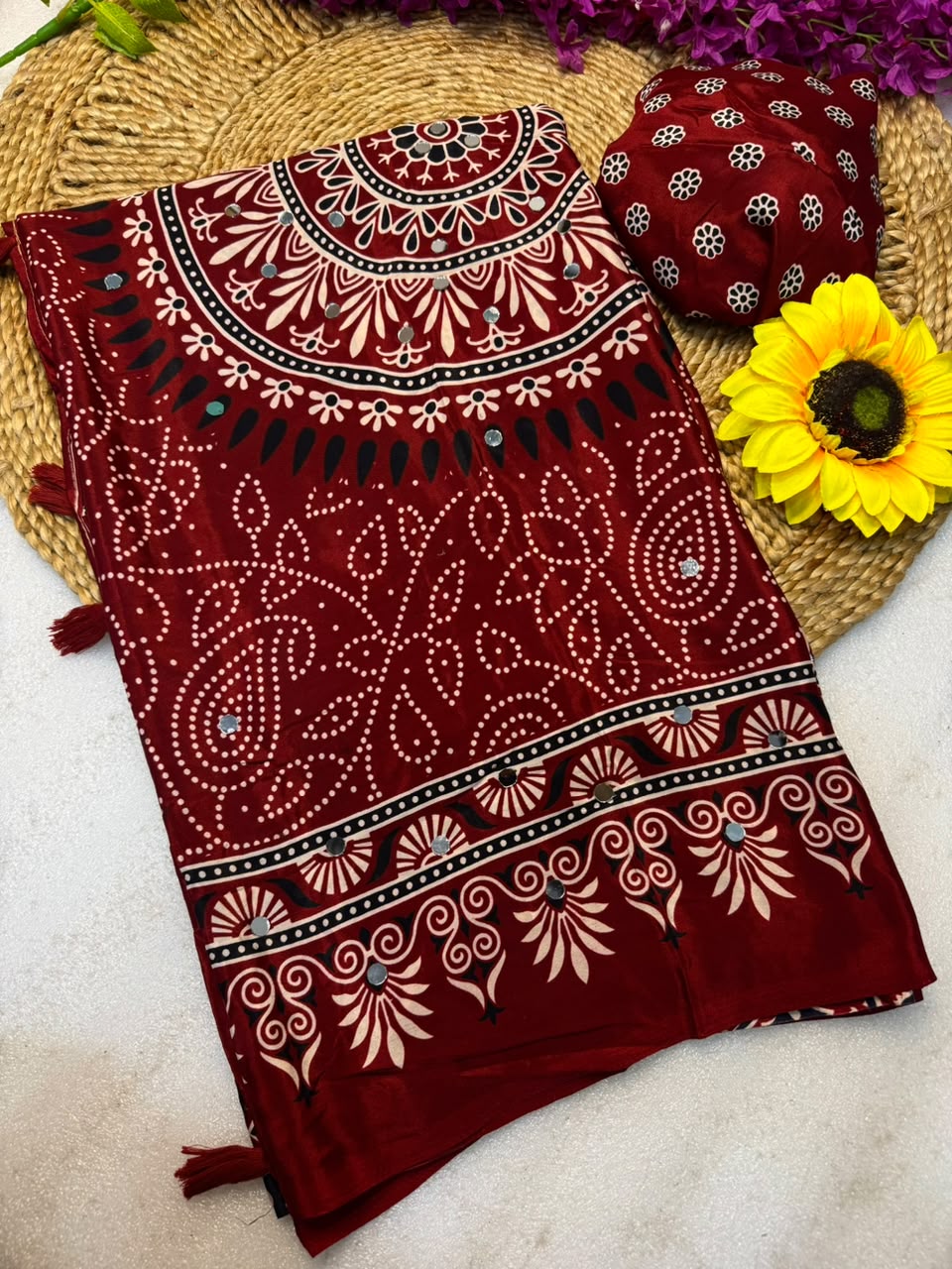 Crepe Silk Mirror Work Bandhini Saree