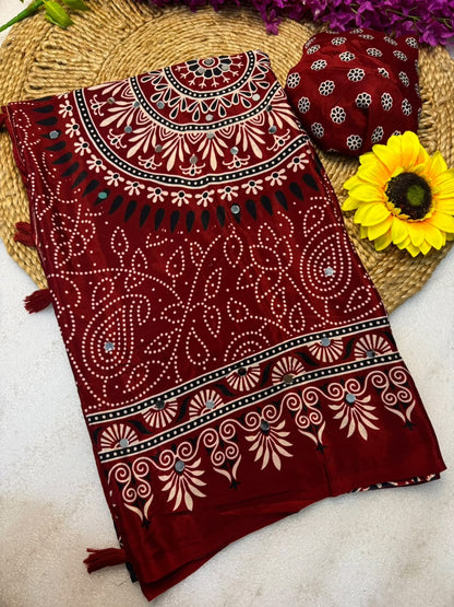 Crepe Silk Mirror Work Bandhini Saree