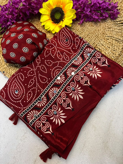 Crepe Silk Mirror Work Bandhini Saree