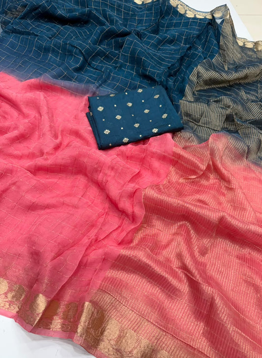 Viscose Georgette Zari Checked Saree with Viscose Zari Weaving Borders