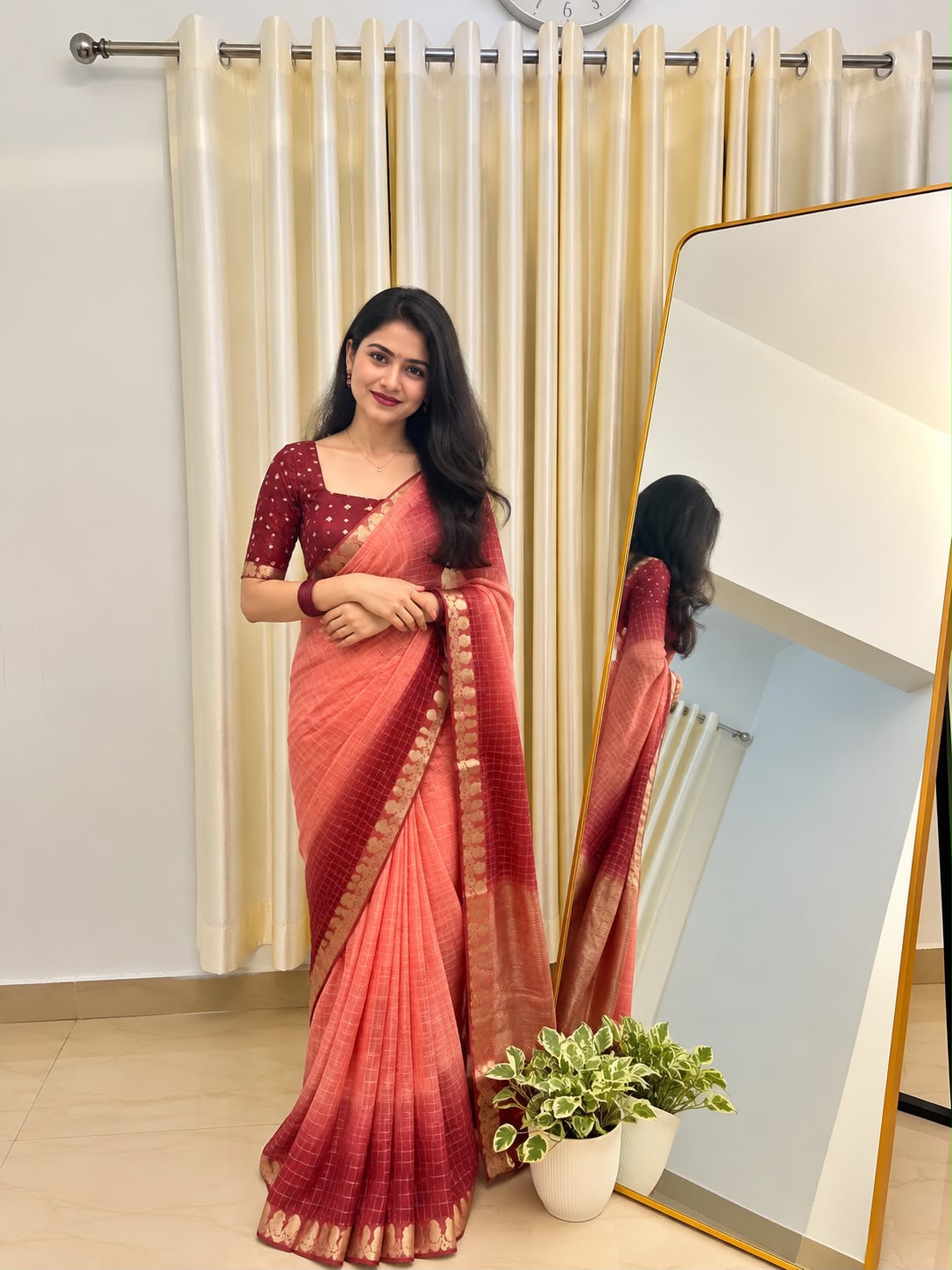 Viscose Georgette Zari Checked Saree with Viscose Zari Weaving Borders