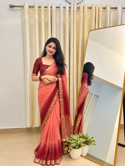 Viscose Georgette Zari Checked Saree with Viscose Zari Weaving Borders