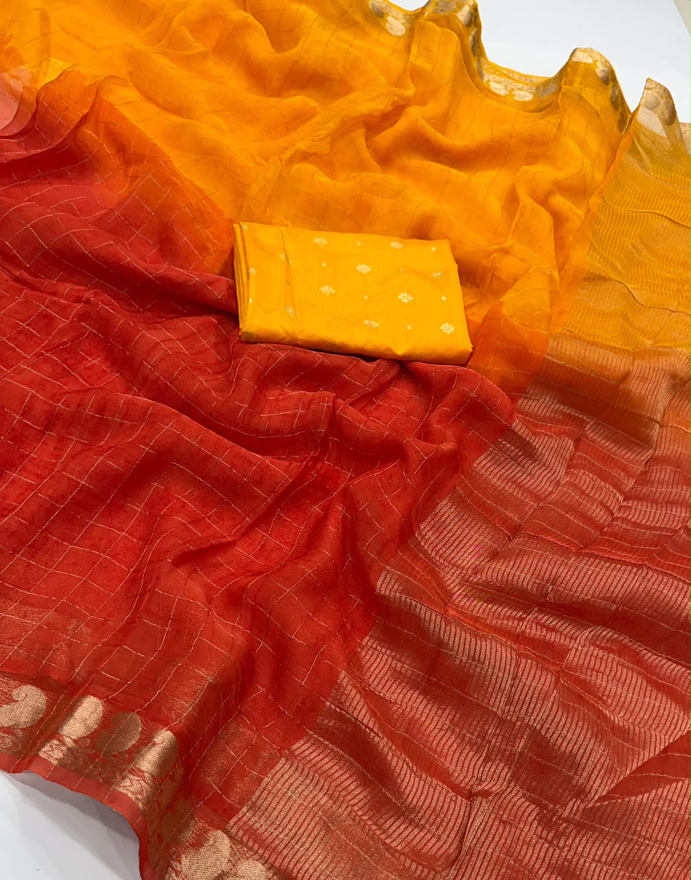 Viscose Georgette Zari Checked Saree with Viscose Zari Weaving Borders