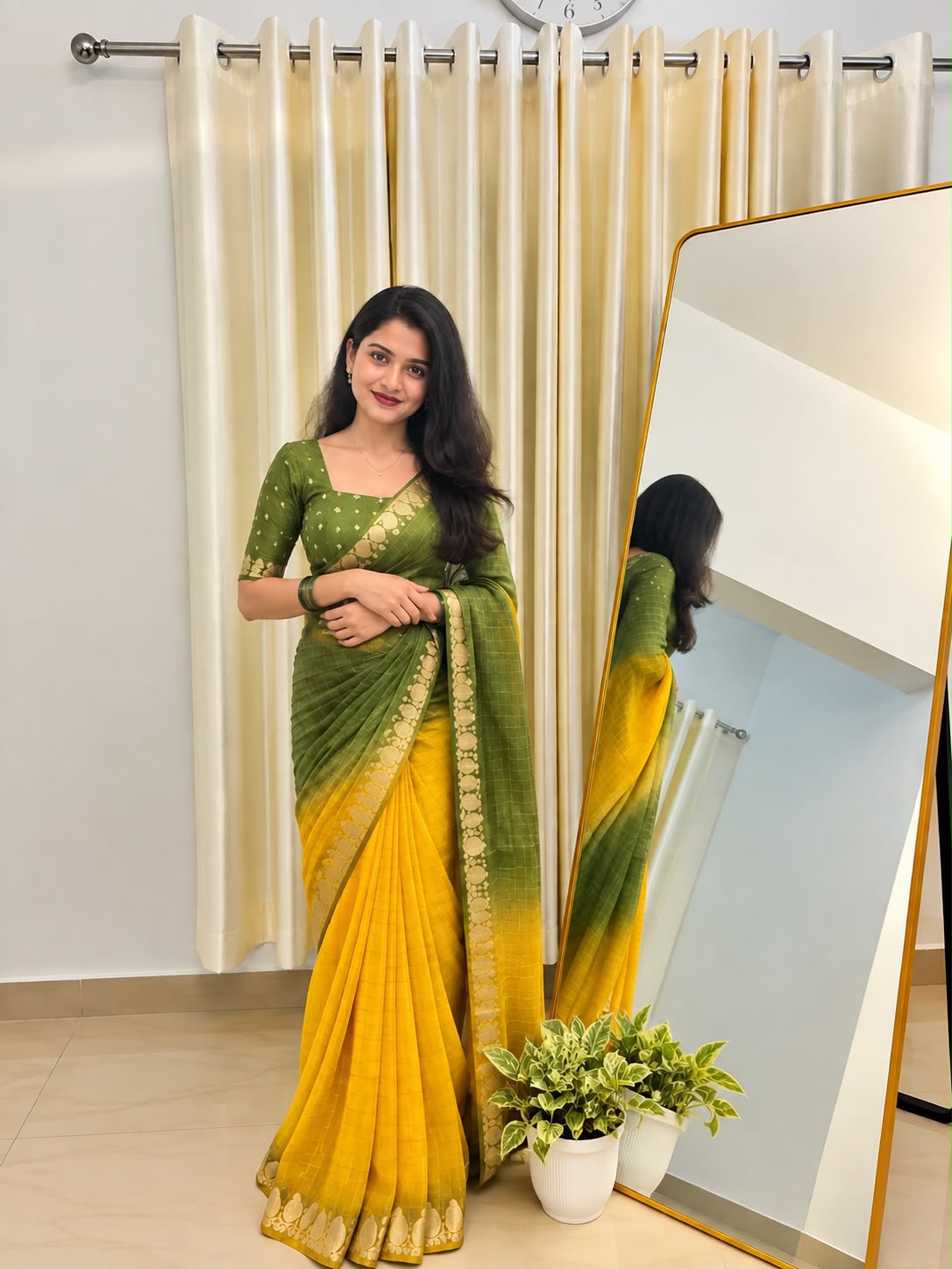 Viscose Georgette Zari Checked Saree with Viscose Zari Weaving Borders