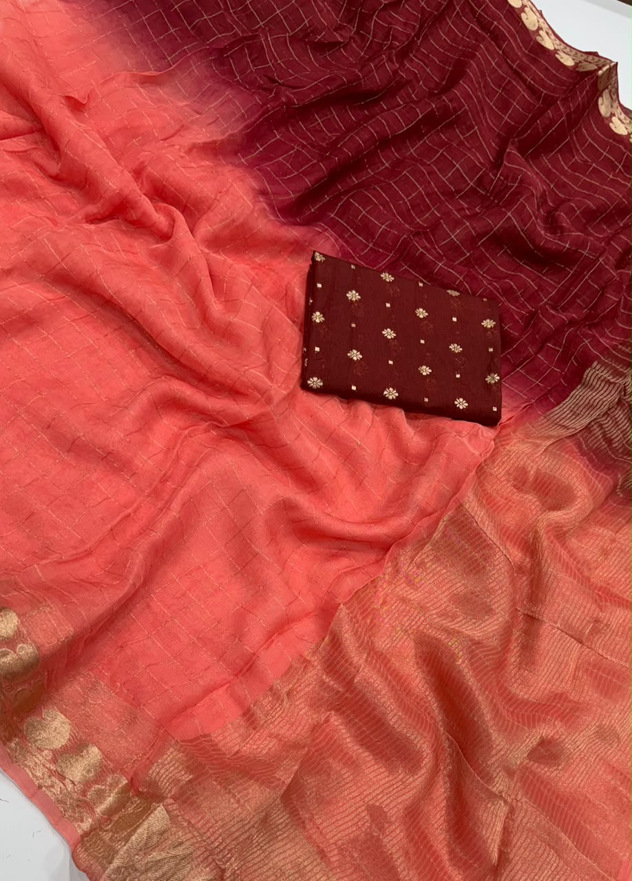 Viscose Georgette Zari Checked Saree with Viscose Zari Weaving Borders