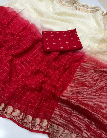 Viscose Georgette Zari Checked Saree with Viscose Zari Weaving Borders