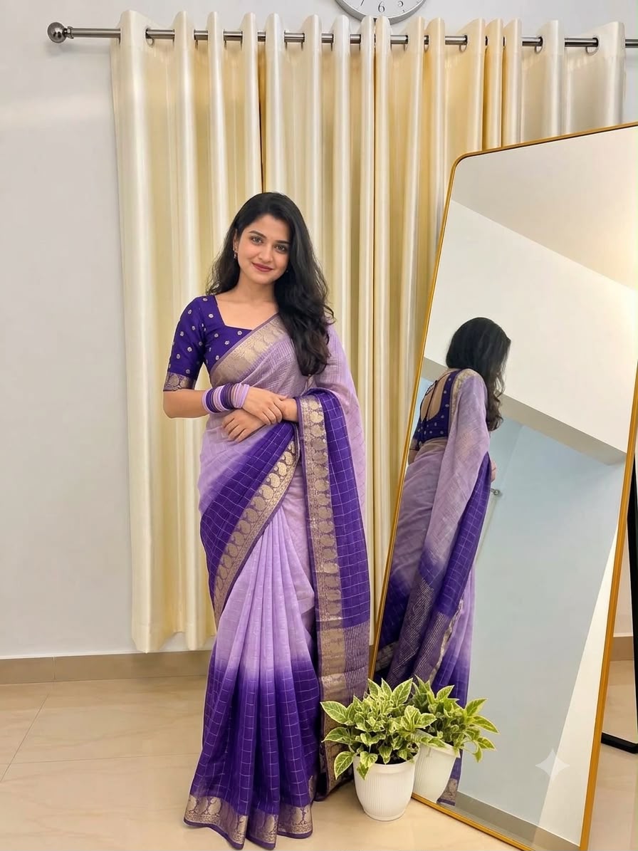 Viscose Georgette Zari Checked Saree with Viscose Zari Weaving Borders