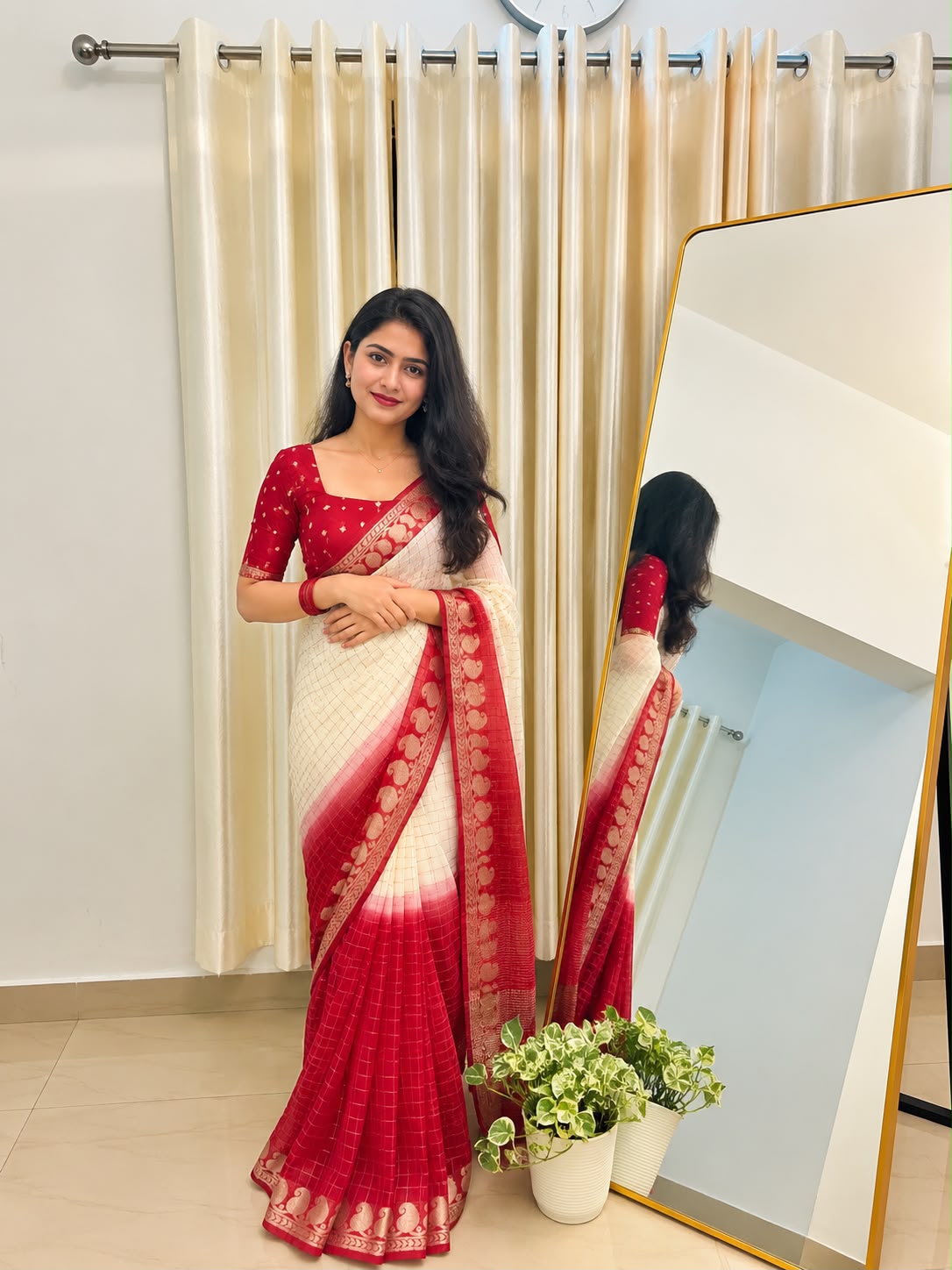 Viscose Georgette Zari Checked Saree with Viscose Zari Weaving Borders