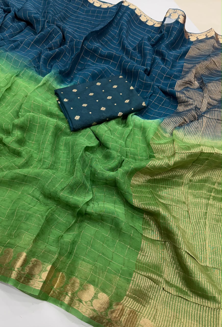 Viscose Georgette Zari Checked Saree with Viscose Zari Weaving Borders