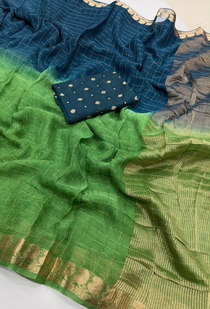 Viscose Georgette Zari Checked Saree with Viscose Zari Weaving Borders