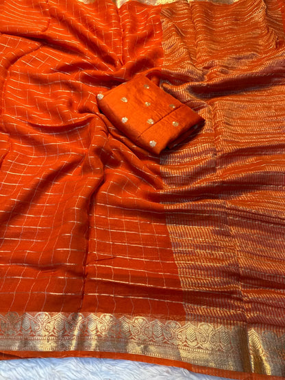 Georgette Viscose Zari Checked Sarees with Viscose Zari Borders & Chit Pallu