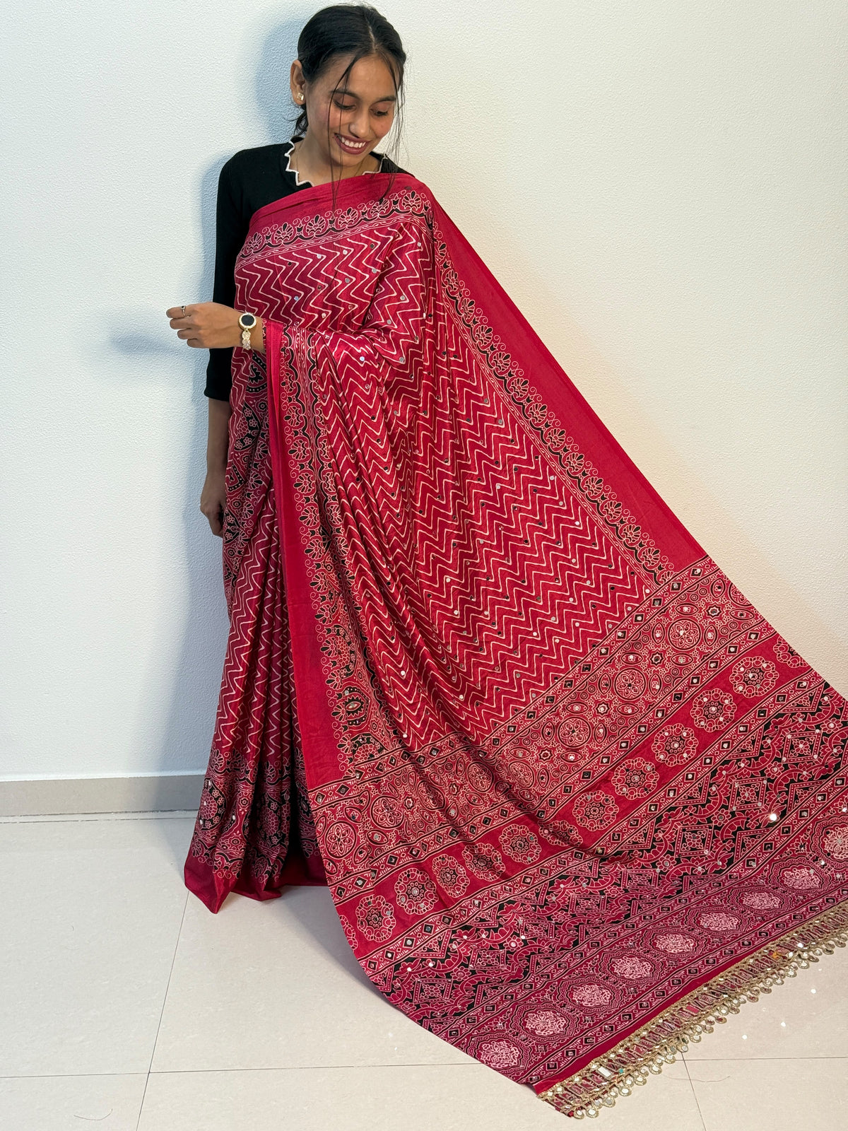 Ajrakh Crepe Silk Mirror Work Lehriya Sarees