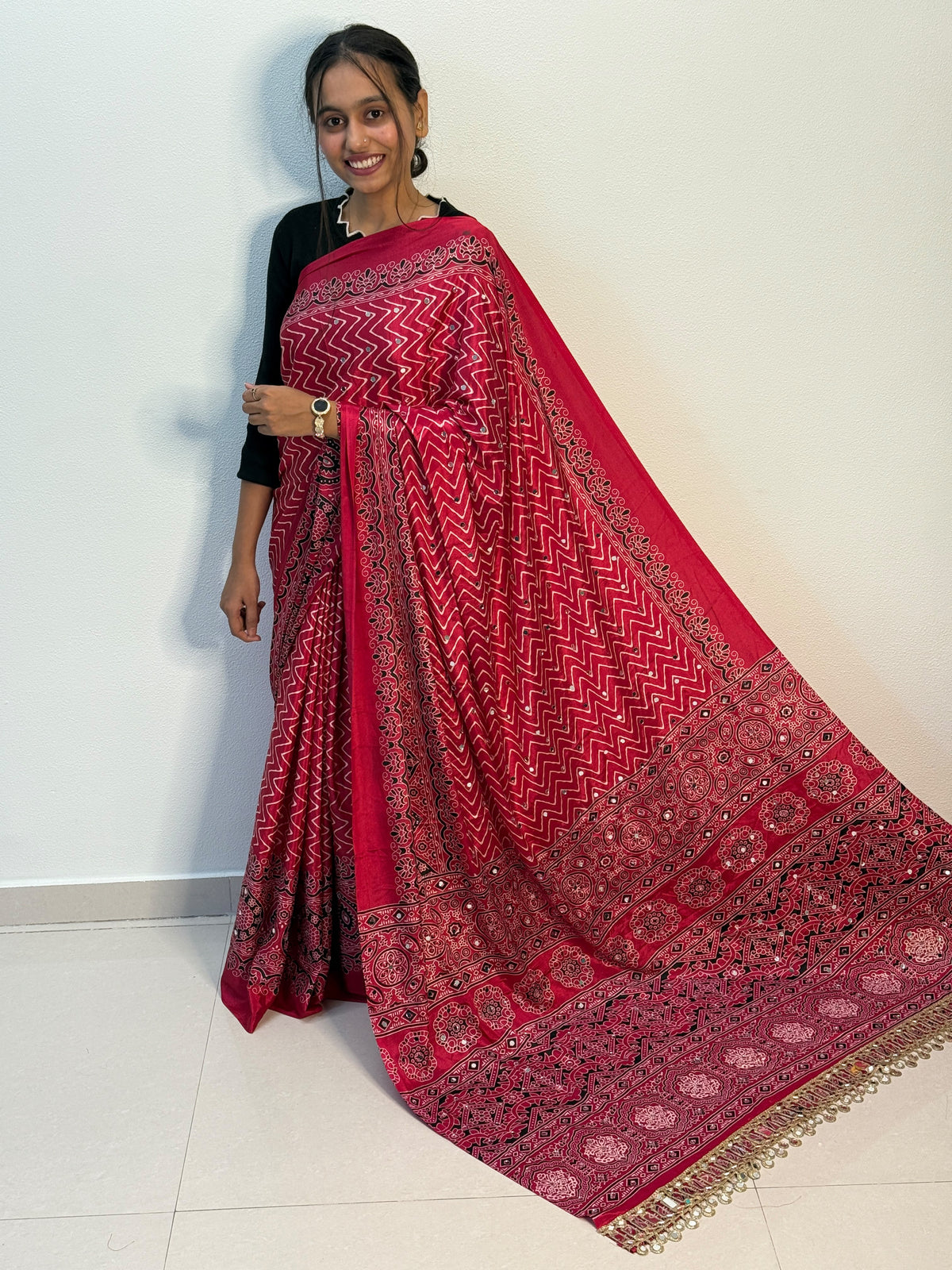 Ajrakh Crepe Silk Mirror Work Lehriya Sarees