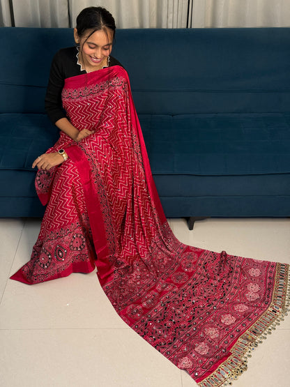 Ajrakh Crepe Silk Mirror Work Lehriya Sarees