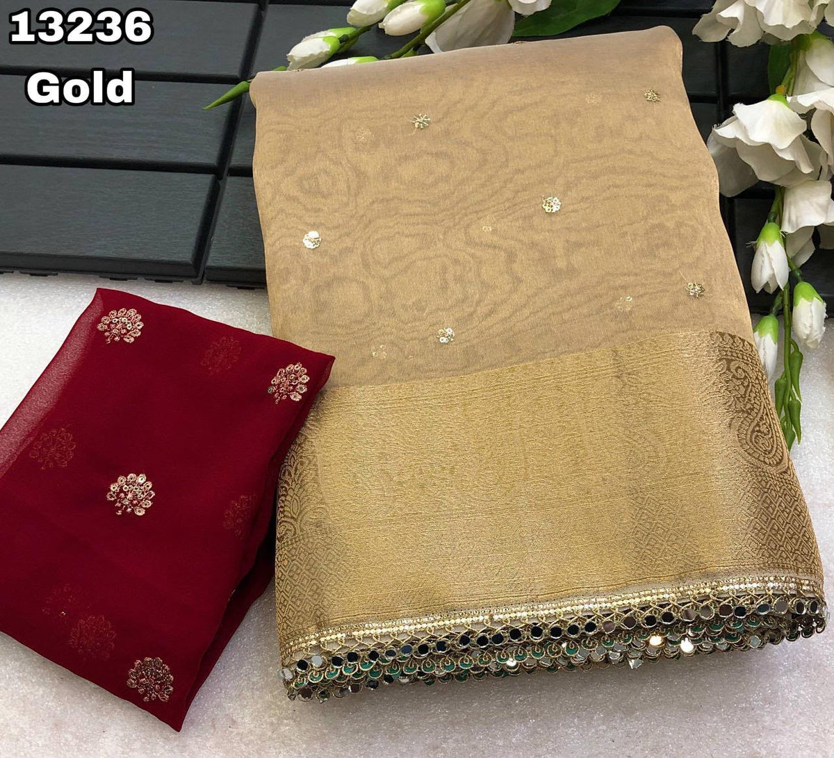 Tissue Silk Sarees with Sequin Bhutta & Contrast Designer Blouse