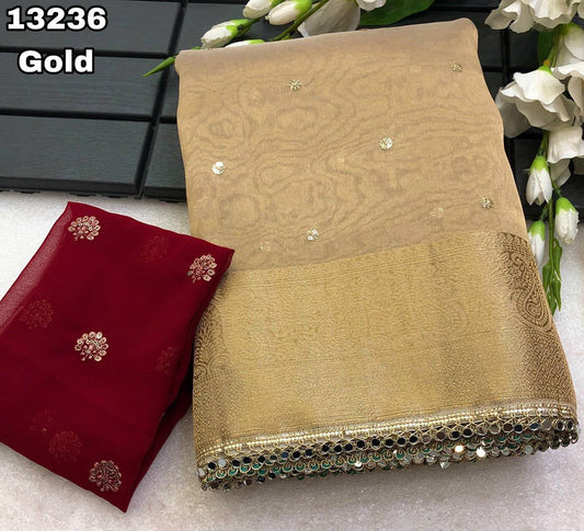 Tissue Silk Sarees with Sequin Bhutta & Contrast Designer Blouse