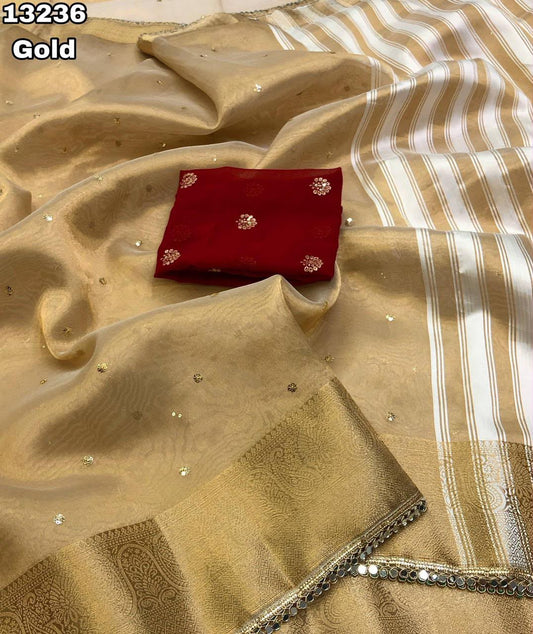 Tissue Silk Sarees with Sequin Bhutta & Contrast Designer Blouse