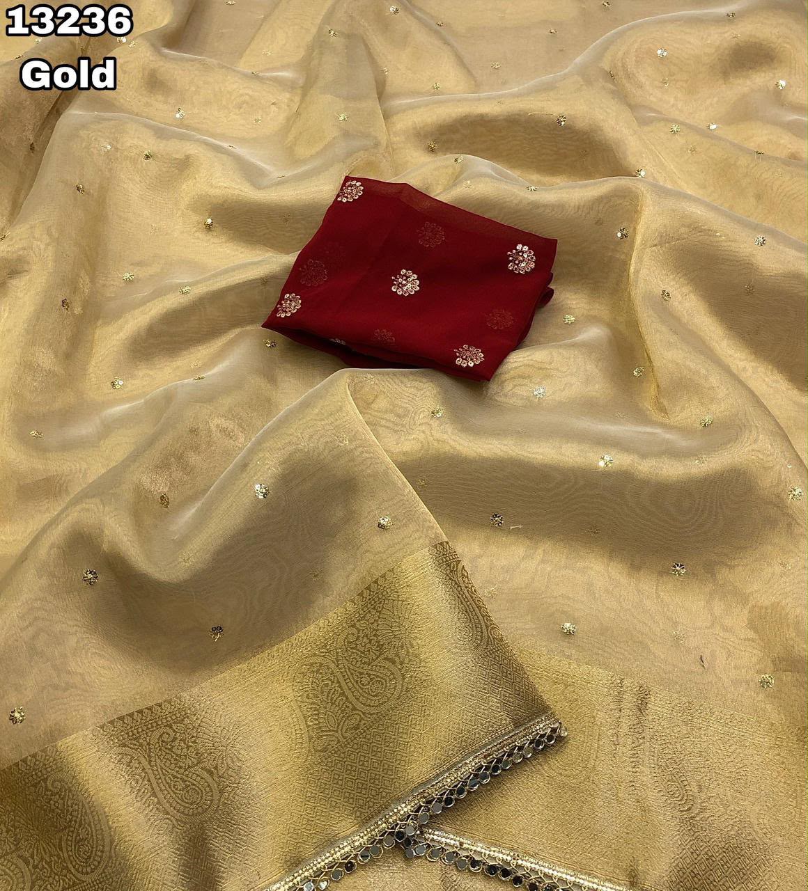 Tissue Silk Sarees with Sequin Bhutta & Contrast Designer Blouse
