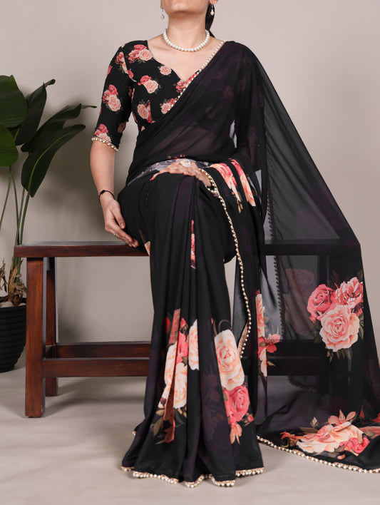 Georgette Floral Sarees with Pearl Lace Borders