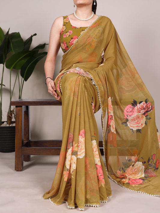 Georgette Floral Sarees with Pearl Lace Borders