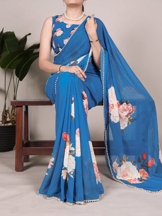Georgette Floral Sarees with Pearl Lace Borders