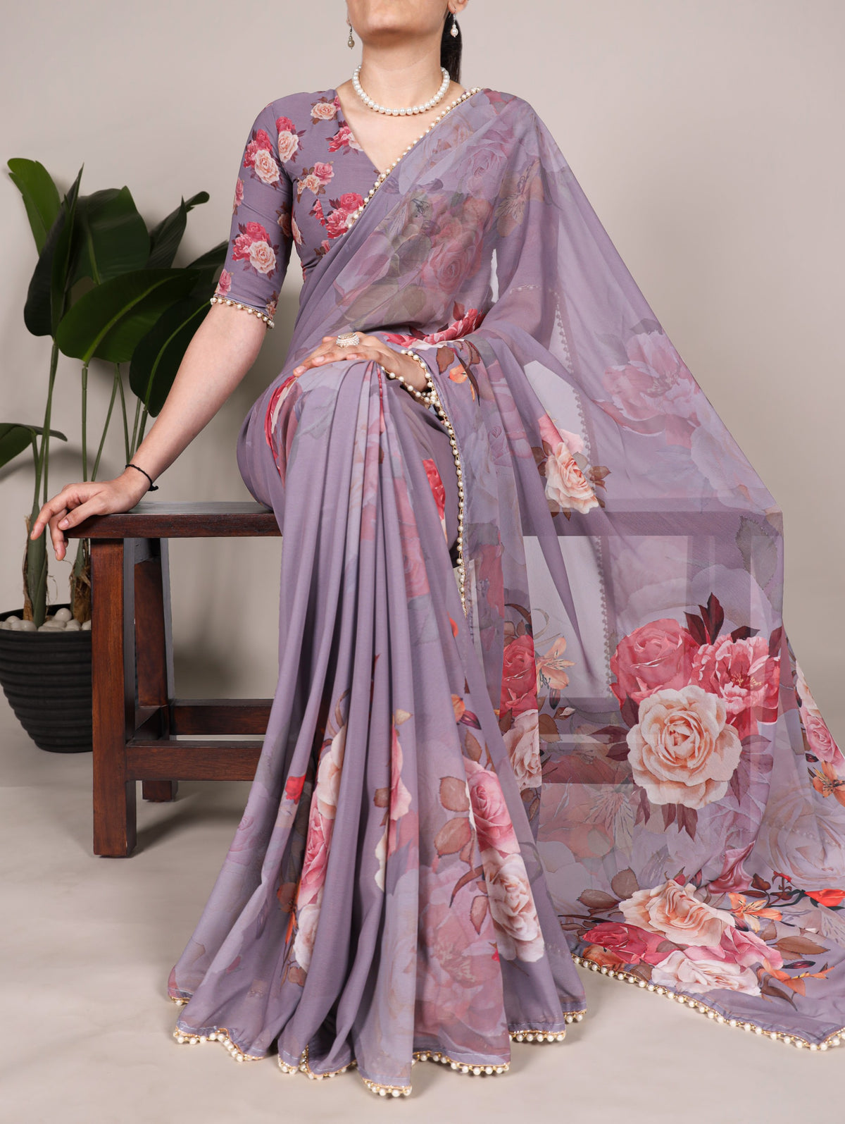Georgette Floral Sarees with Pearl Lace Borders