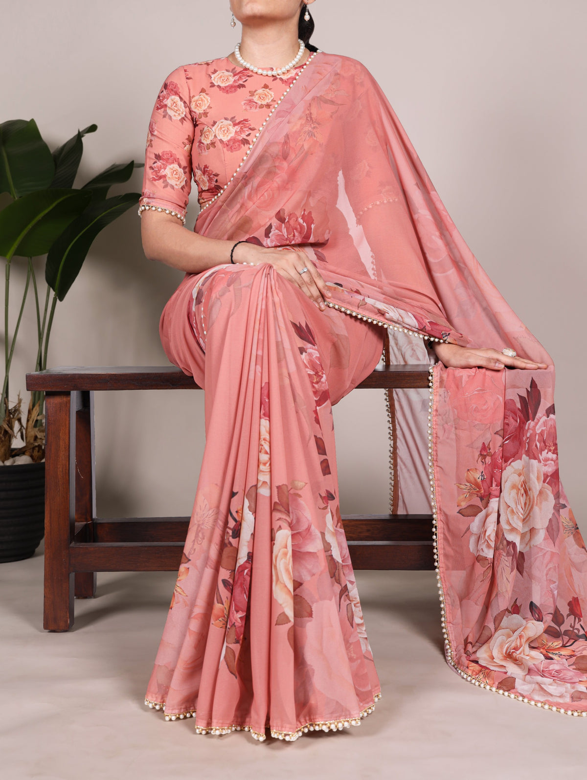 Georgette Floral Sarees with Pearl Lace Borders