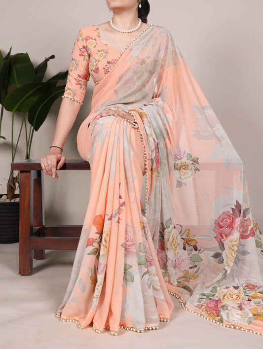 Georgette Floral Sarees with Pearl Lace Borders