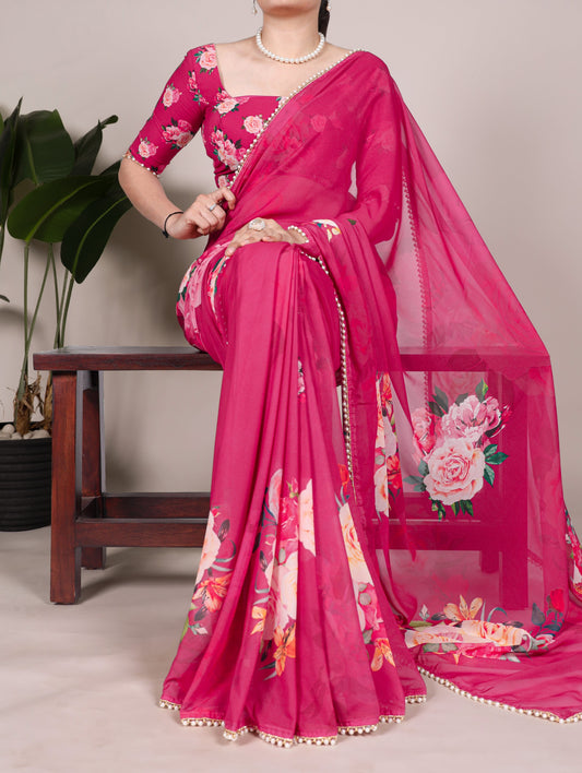 Georgette Floral Sarees with Pearl Lace Borders