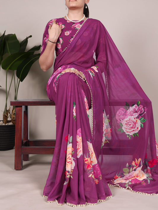 Georgette Floral Sarees with Pearl Lace Borders