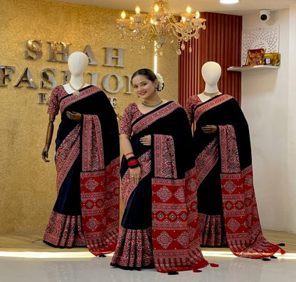 Ajrakh Semi Modal Crepe Silk Saree with Real Mirror Work