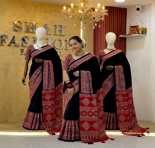 Ajrakh Semi Modal Crepe Silk Saree with Real Mirror Work
