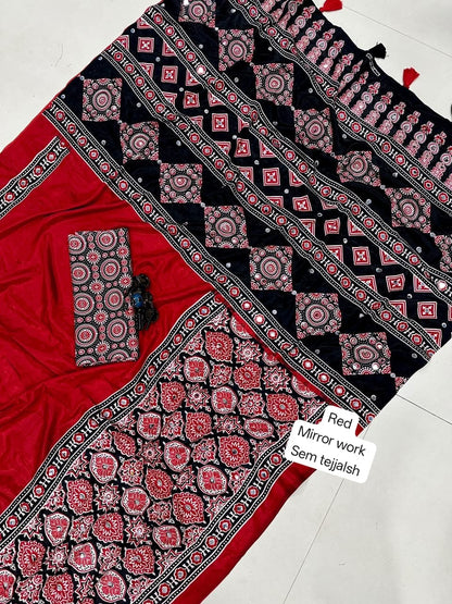 Ajrakh Semi Modal Crepe Silk Saree with Real Mirror Work
